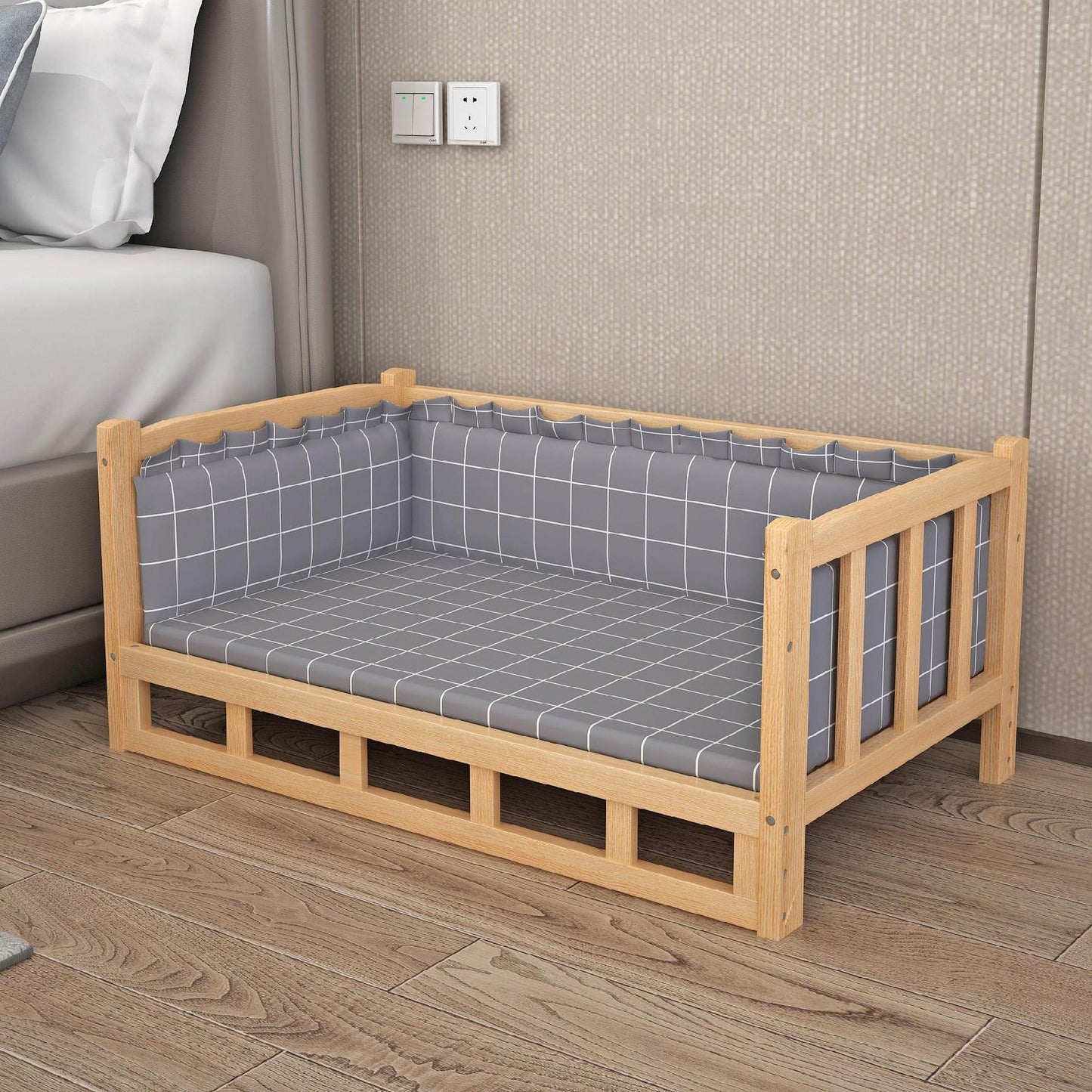 Gigli Pet wooden dog bed with a cozy cushion, crafted from natural wood, ideal for small to medium-sized dogs.