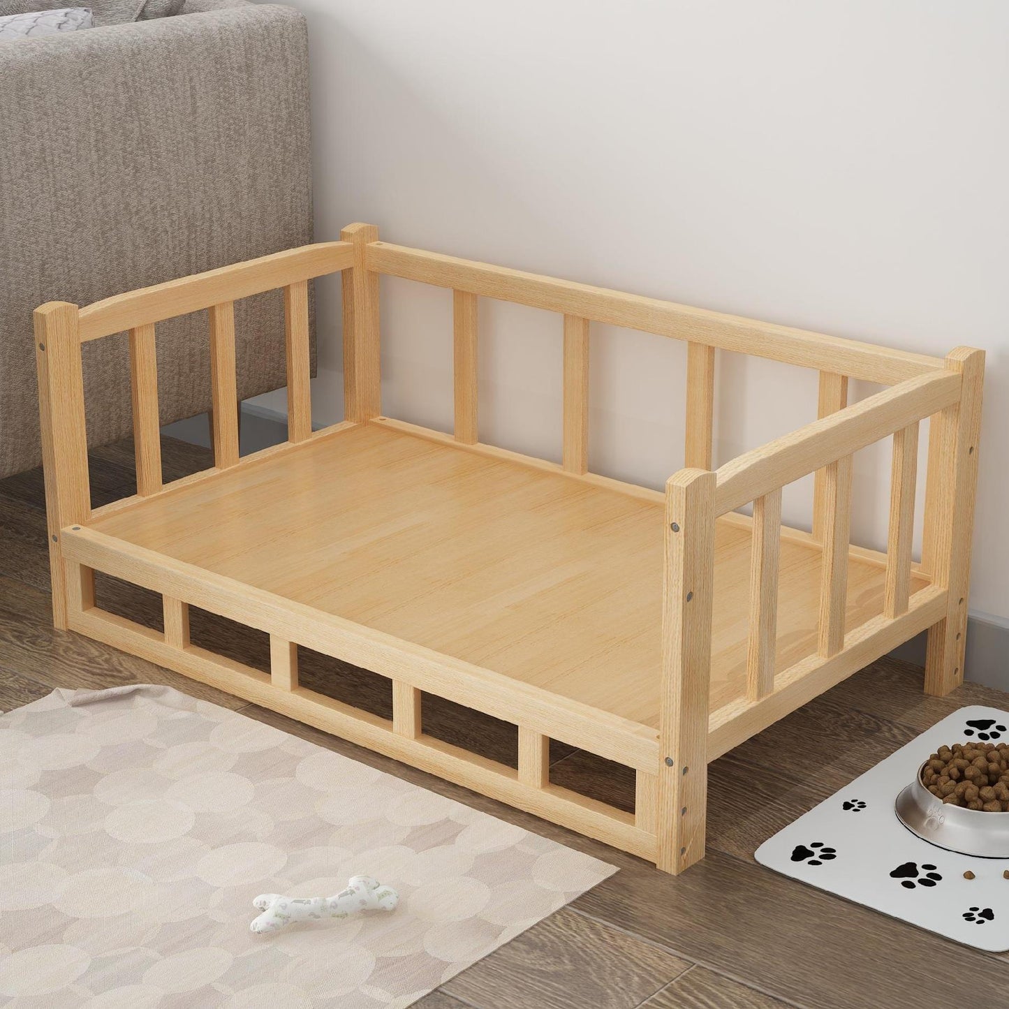 Gigli Pet wooden dog bed with a cozy cushion inside, featuring a sturdy natural wood frame and a comfortable resting area.