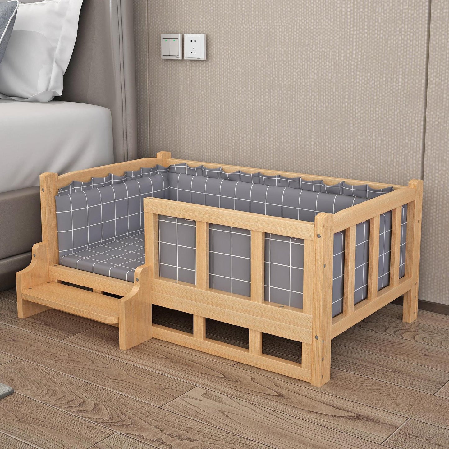 Wooden dog bed by Gigli Pet featuring a cozy, natural wood frame and soft cushion for comfortable pet rest.