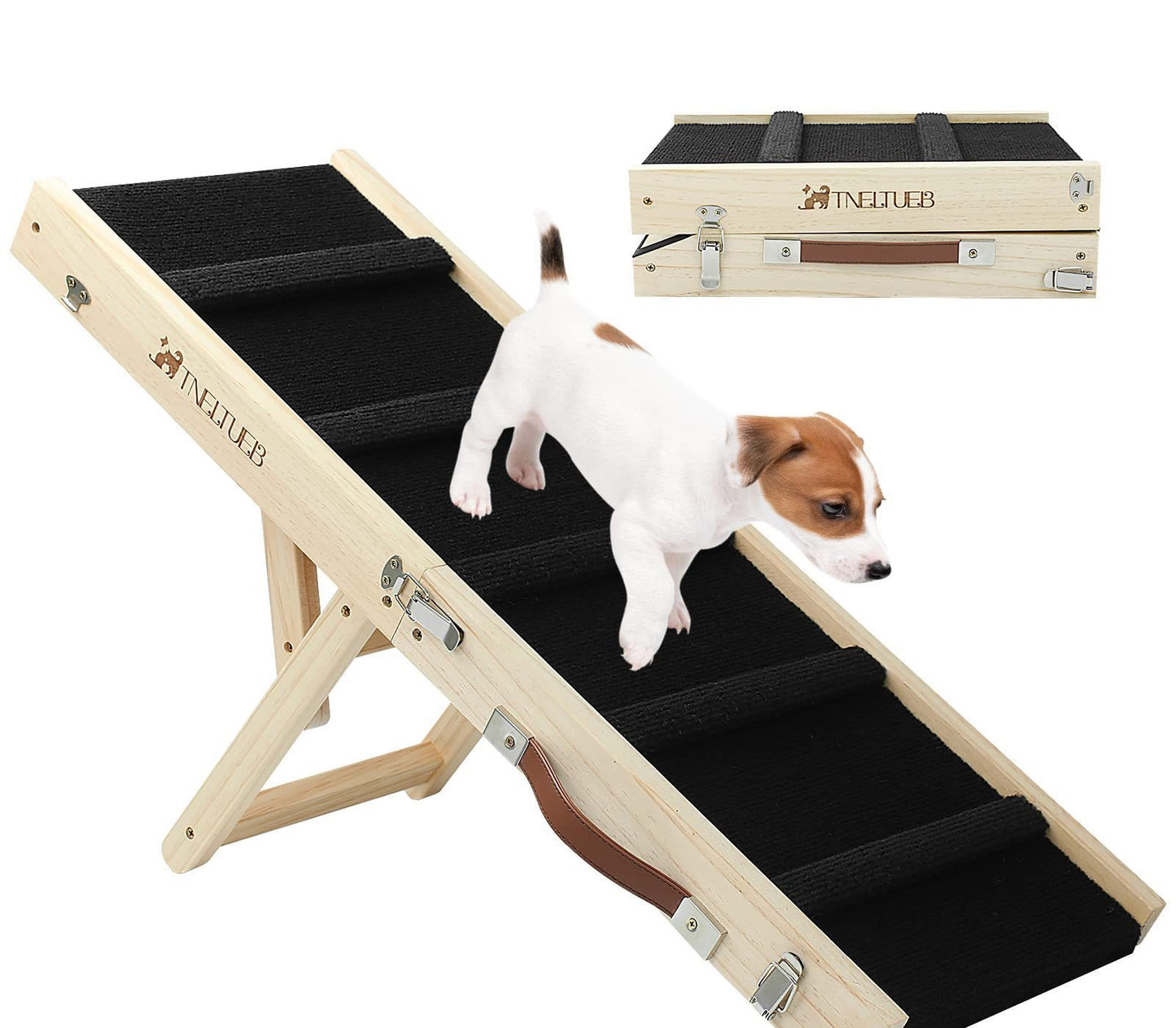 Adjustable wooden dog ramp by Gigli Pet with non-slip surface, foldable and portable for easy dog accessibility.