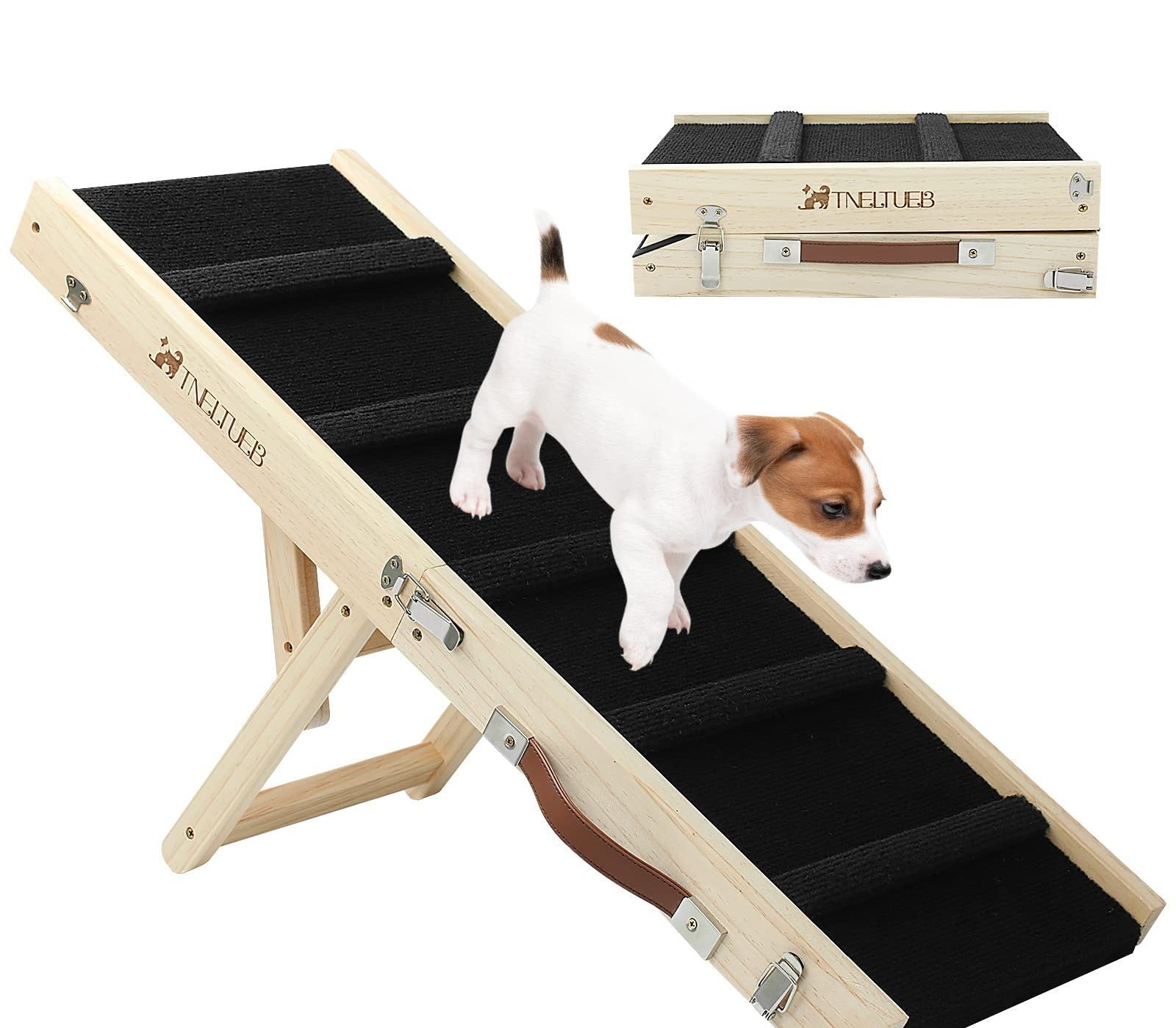 Adjustable wooden dog ramp by Gigli Pet with non-slip surface, foldable and portable for easy dog accessibility.