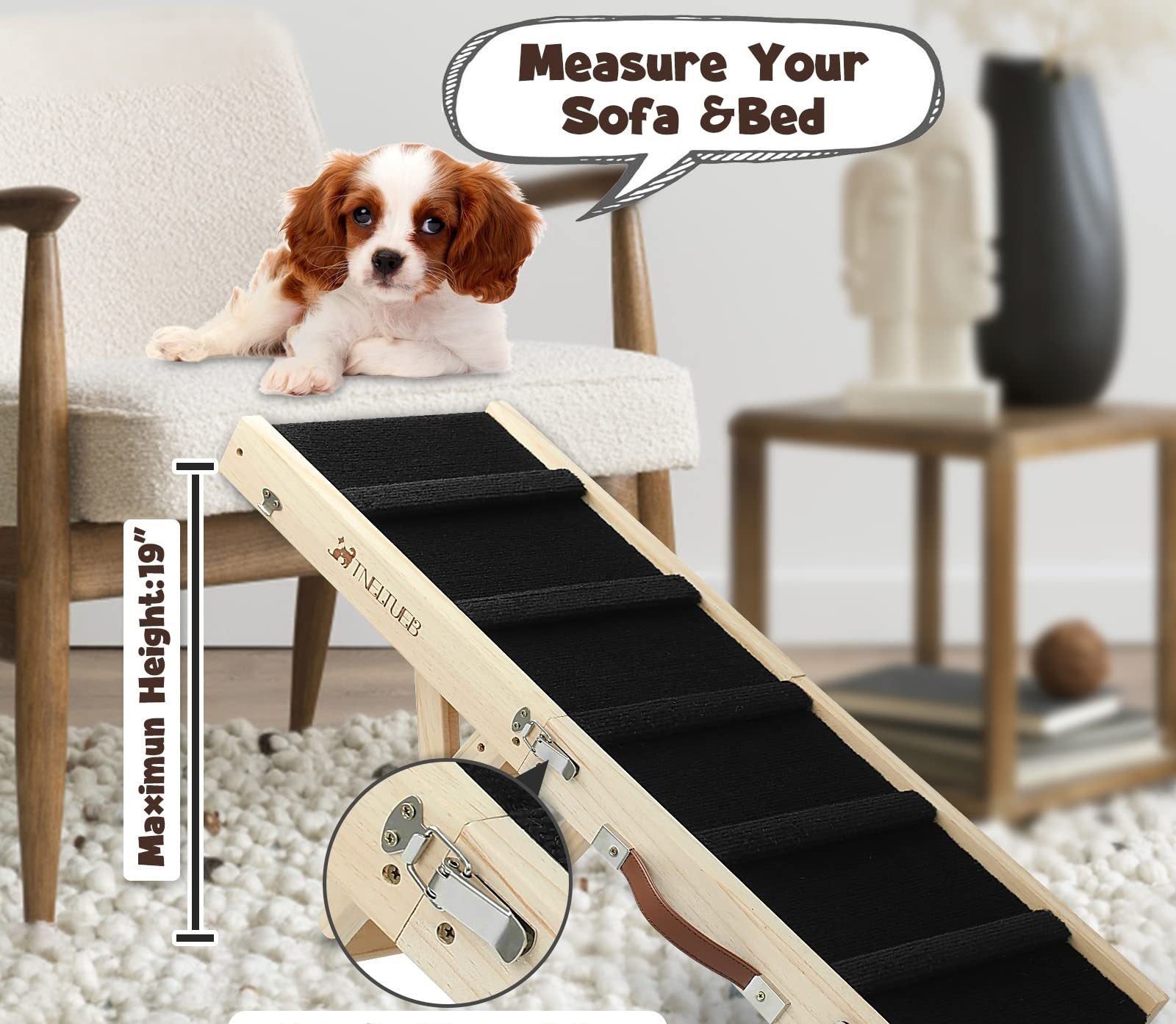 Gigli Pet adjustable wooden dog ramp with non-slip surface, foldable and portable for easy pet access and mobility.