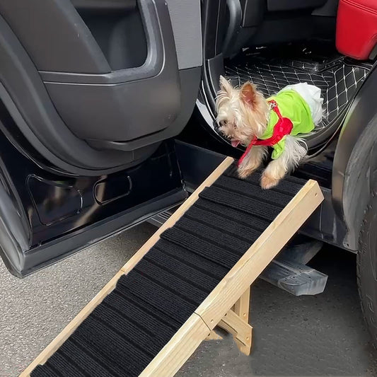 Adjustable wooden dog ramp by Gigli Pet with non-slip surface, foldable and portable for easy access and pet safety.