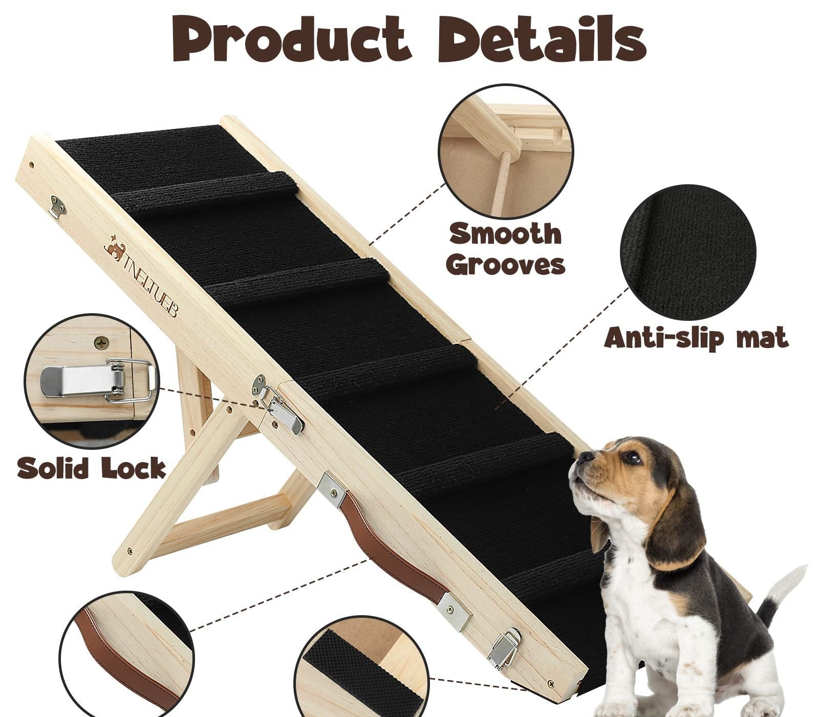 Gigli Pet adjustable wooden dog ramp with non-slip surface, foldable and portable for easy dog access and mobility.